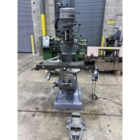 BRIDGEPORT VERTICAL MILLING MACHINE 3/4 HP FACTORY SINGLE PHASE 9" x 42" TABLE WITH LONGITUDINAL POWER FEED, BRIDGEPORT SWIVEL VISE AND ASSORTED R8 COLLETS